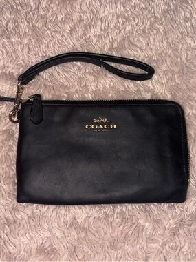 Coach Black Leather Wristlet with Gold Logo Accent